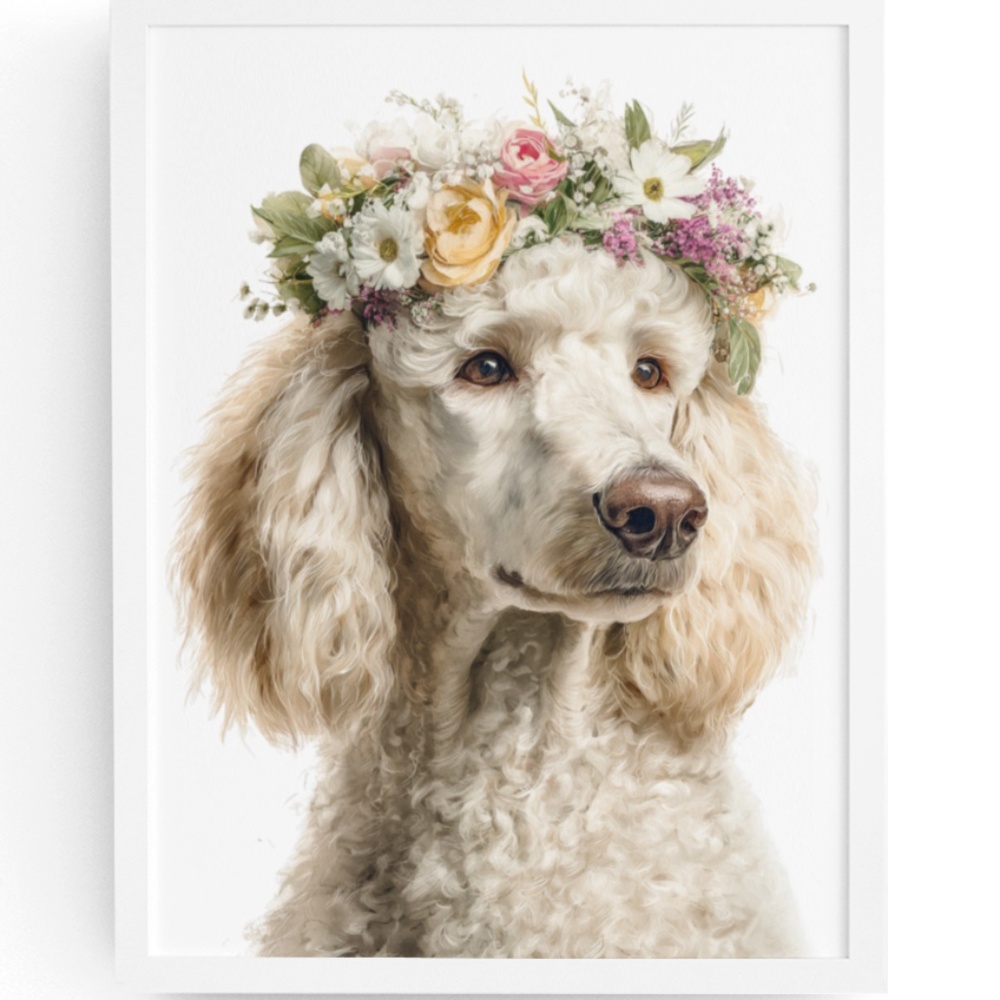Watercolor Standard Poodle with Flower Crown Wall Art Print, Unframed